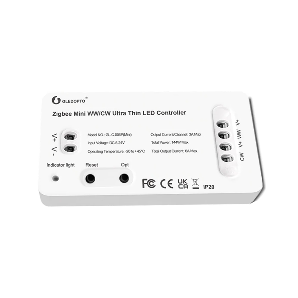 Gledopto ZigBee Pro Ultra Thin Mini LED Strip Controller WW/CW (GL-C-006P(Mini)), DC5~24V, 3A/CH, max 6A output, max 144W output Gledopto ZigBee Pro Ultra Thin Mini LED Strip Controller WW/CW (GL-C-006P(Mini)), DC5~24V, 3A/CH, max 6A output, max 144W output