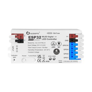 Gledopto ESP32 WLED Digital LED Strip Controller RGB/RGBW with 4-Output (GL-C-017WL-D), DC5~24V, max 15A output, max 800 ICs, SM16703P, SK6812, WS2811