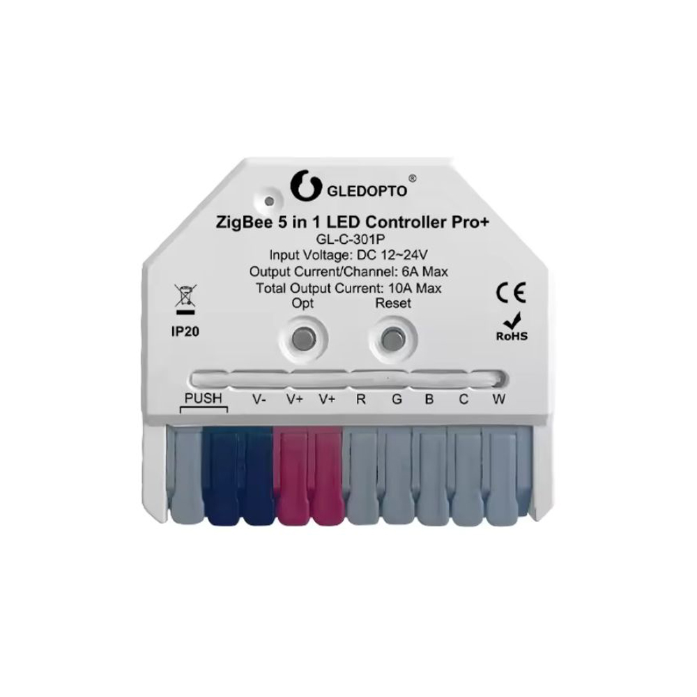 Gledopto ZigBee Pro+ 5in1 Ultra mini LED Controller CCT/RGB/RGBW/RGBCCT/Single Color (GL-C-301P), DC12~24V, 6A/CH, max 10A output Gledopto ZigBee Pro+ 5in1 Ultra mini LED Controller CCT/RGB/RGBW/RGBCCT/Single Color (GL-C-301P), DC12~24V, 6A/CH, max 10A output