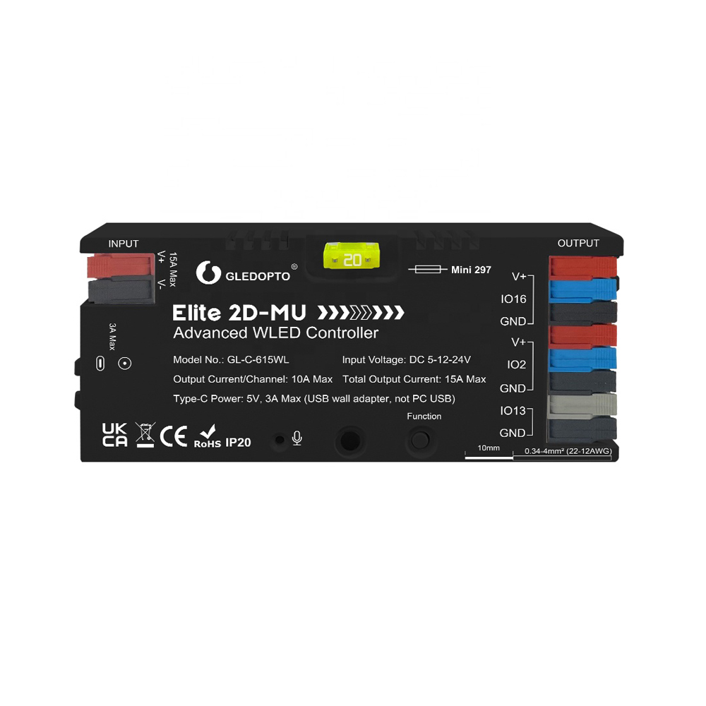Gledopto Elite 2D-MU Advanced ESP32 WLED Digital LED Controller RGB/RGBW/RGBCCT (GL-C-615WL), DC5~24V, total max 15A output, max 800 ICs connected Gledopto Elite 2D-MU Advanced ESP32 WLED Digital LED Controller RGB/RGBW/RGBCCT (GL-C-615WL), DC5~24V, total max 15A output, max 800 ICs connected