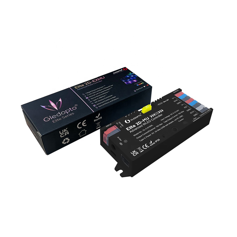 Gledopto Elite 2D-MU Advanced ESP32 WLED Digital LED Controller RGB/RGBW/RGBCCT (GL-C-615WL), DC5~24V, total max 15A output, max 800 ICs connected Gledopto Elite 2D-MU Advanced ESP32 WLED Digital LED Controller RGB/RGBW/RGBCCT (GL-C-615WL), DC5~24V, total max 15A output, max 800 ICs connected — 2