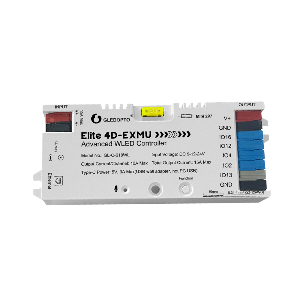 Gledopto Elite 4D-EXMU Advanced ESP32 WLED Digital LED Controller RGB/RGBW/RGBCCT with 4-output, LAN (GL-C-618WL), DC5~24V,max 15A output, max 800ICs Gledopto Elite 4D-EXMU Advanced ESP32 WLED Digital LED Controller RGB/RGBW/RGBCCT with 4-output, LAN (GL-C-618WL), DC5~24V,max 15A output, max 800ICs