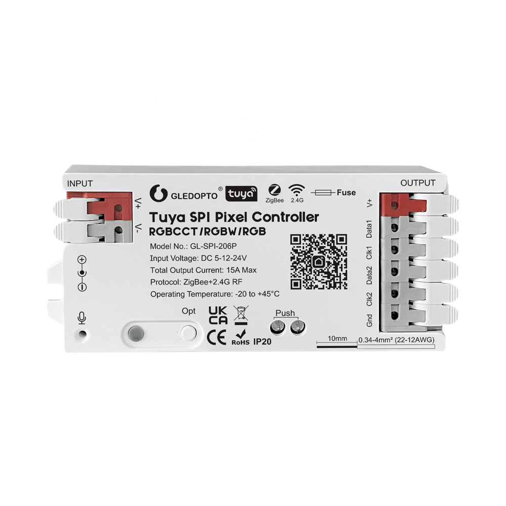Gledopto Tuya ZigBee Pixel LED controller RGB/RGBW/RGBCCT (GL-SPI-206P), DC5~24V, 2*Channels, output signal SPI(TTL)×2 800Kbs, total max 15A output Gledopto Tuya ZigBee Pixel LED controller RGB/RGBW/RGBCCT (GL-SPI-206P), DC5~24V, 2*Channels, output signal SPI(TTL)×2 800Kbs, total max 15A output