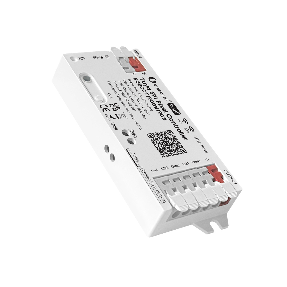 Gledopto Tuya Wi-Fi Pixel LED controller RGB/RGBW/RGBCCT (GL-SPI-206W), DC5~24V, 2*Channels, output signal SPI(TTL)×2 800Kbs, total max 15A output Gledopto Tuya Wi-Fi Pixel LED controller RGB/RGBW/RGBCCT (GL-SPI-206W), DC5~24V, 2*Channels, output signal SPI(TTL)×2 800Kbs, total max 15A output