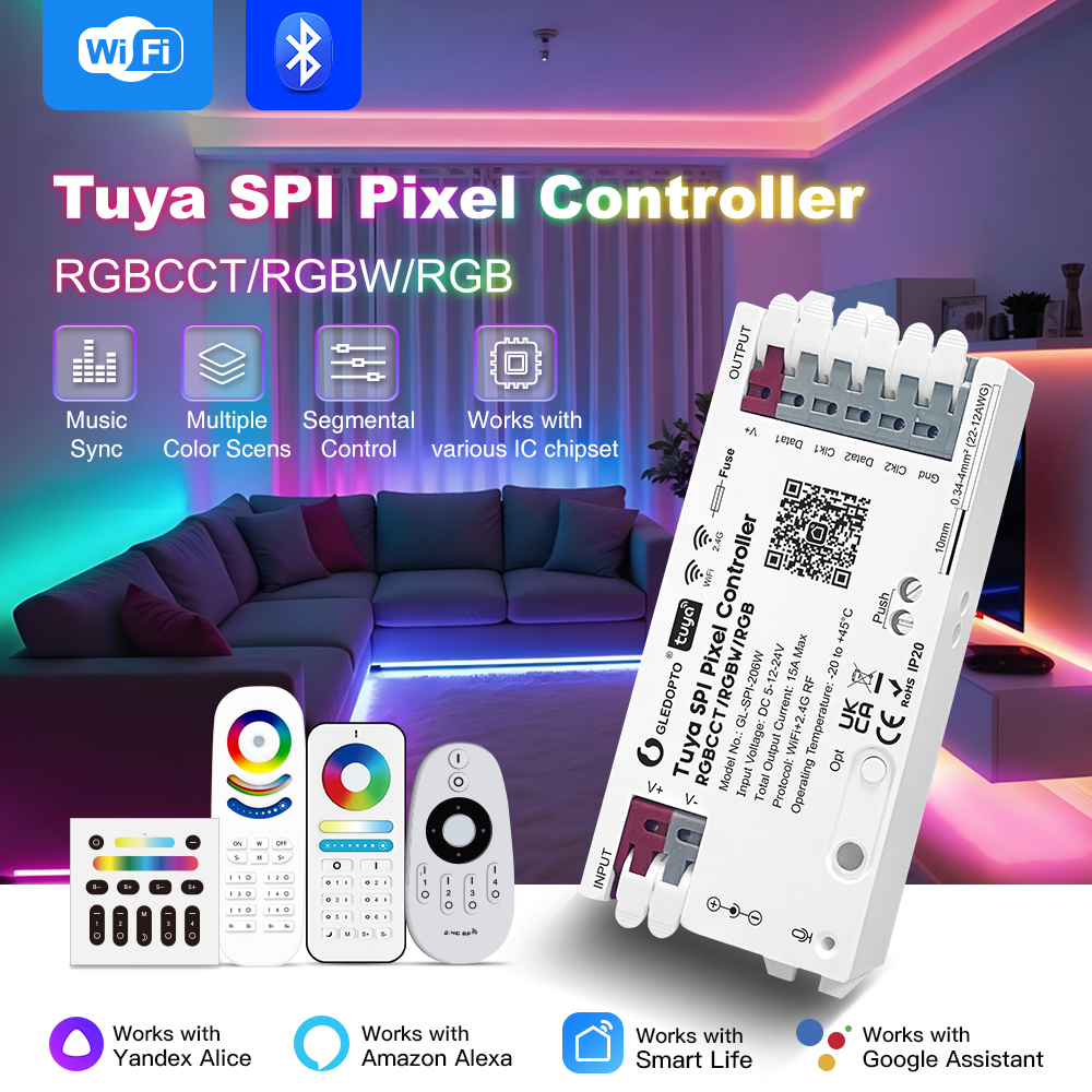 Gledopto Tuya Wi-Fi Pixel LED controller RGB/RGBW/RGBCCT (GL-SPI-206W), DC5~24V, 2*Channels, output signal SPI(TTL)×2 800Kbs, total max 15A output Gledopto Tuya Wi-Fi Pixel LED controller RGB/RGBW/RGBCCT (GL-SPI-206W), DC5~24V, 2*Channels, output signal SPI(TTL)×2 800Kbs, total max 15A output — 3