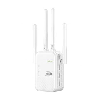 BAVIN Wi-Fi Signal Booster 1200Mbps, Dual Band (2.4G + 5G), 4 External Antennas, AP/Repeater Mode, White