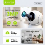 BAVIN Home Smart Wi-Fi Camera 3MP, PTZ (Human Tracking), Two-Way Audio, With Charger & Bracket, White
