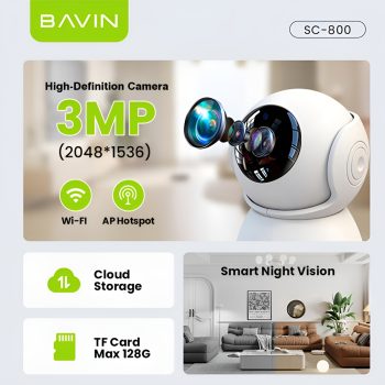 BAVIN Home Smart Wi-Fi Camera 3MP, PTZ (Human Tracking), Two-Way Audio, With Charger & Bracket, White — 2