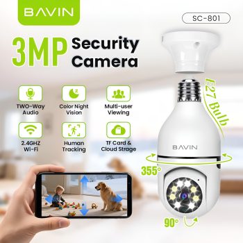 BAVIN E27 Bulb Smart Security Camera 3MP, 2.4GHz Wi-Fi, PTZ (355°/90°), Color Night Vision, White — 2